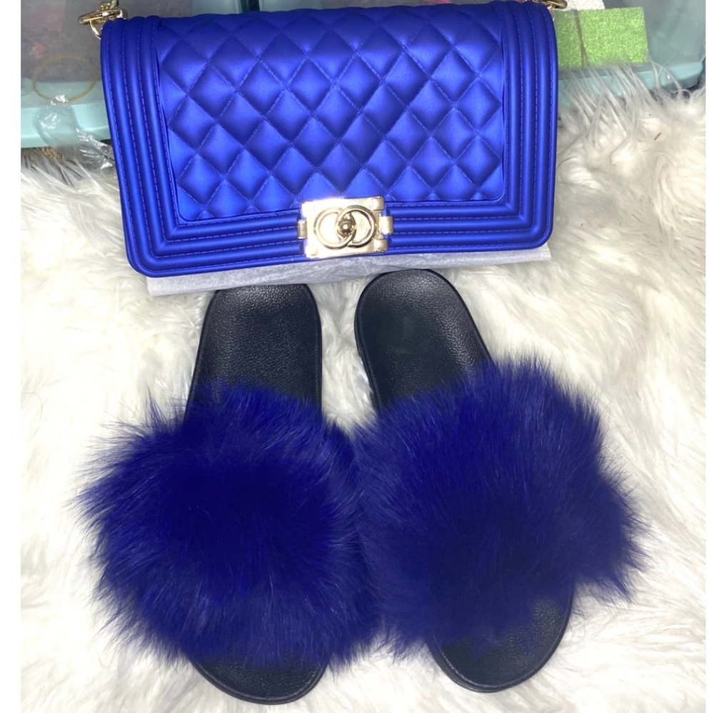Royal Blue Jelly Bag & Fur Slides Set